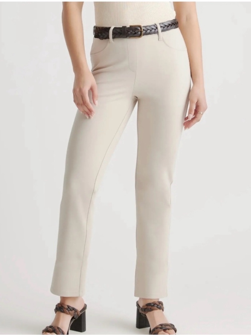 Quince Ultra-Stretch Ponte Straight Leg 4-Pocket Pants Large Petite Ecru FLAW